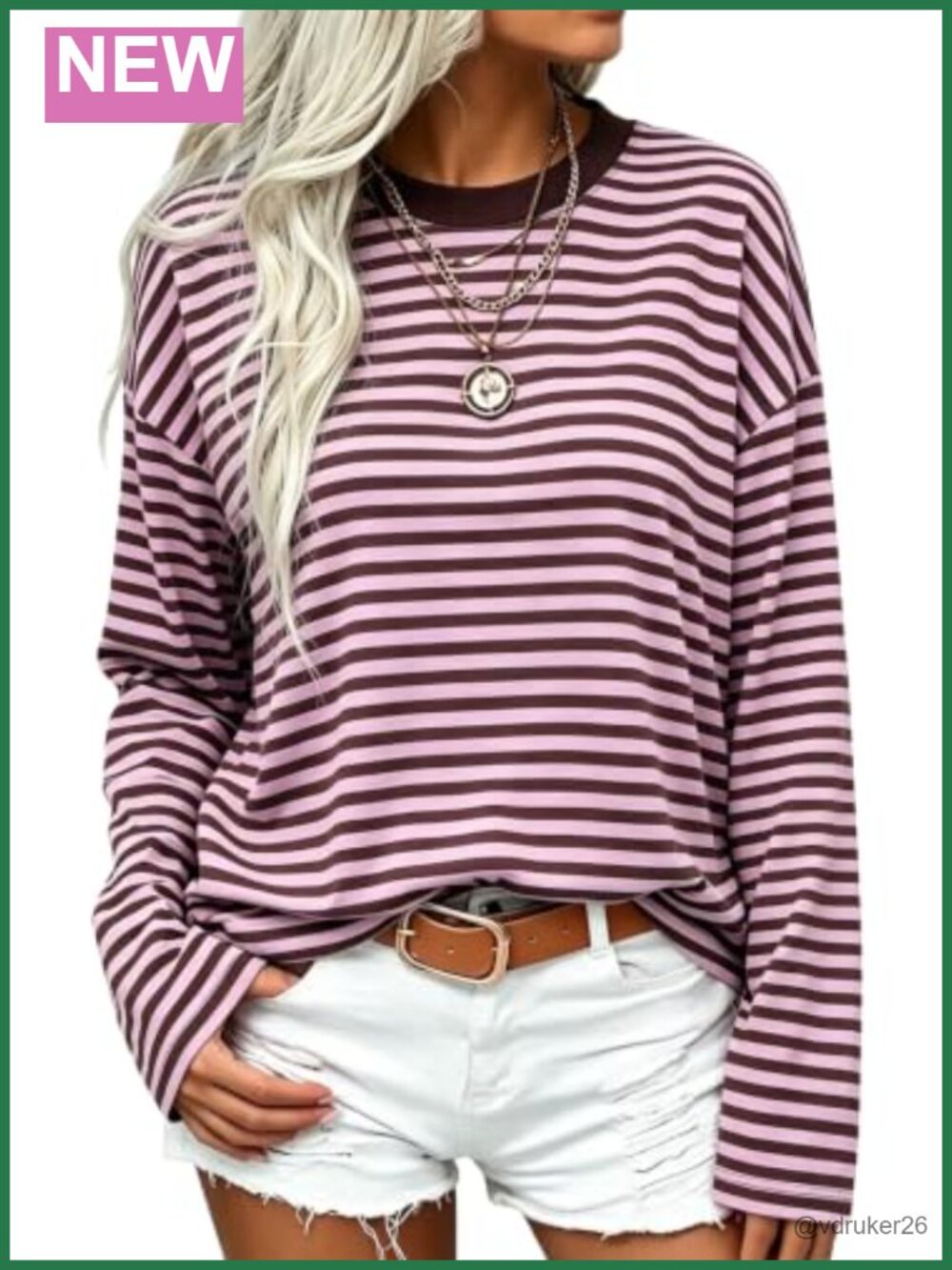 Womens Striped Long Sleeve Cotton Shirt Casual Crew Neck Relaxed Fit Top